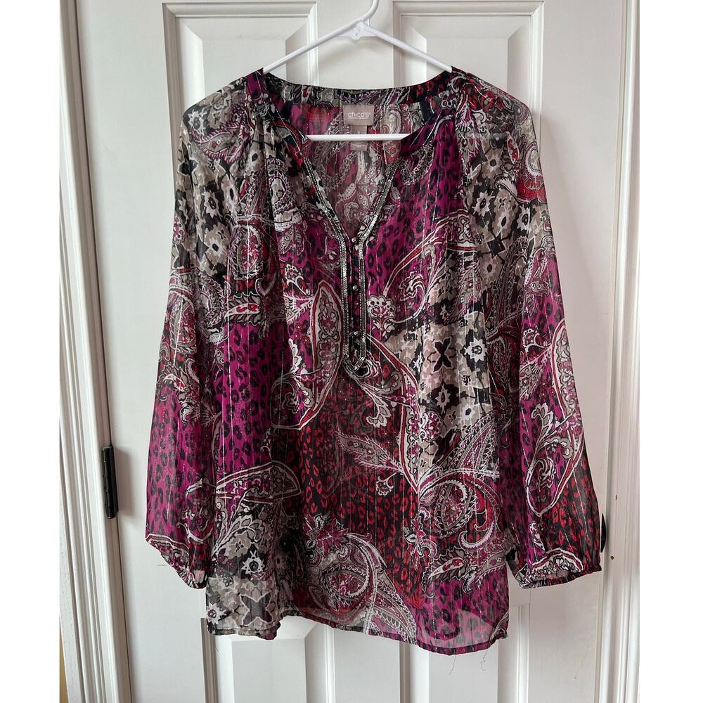 Chico's Sheer Paisley Mixed Print Beaded Blouse Magenta Purple Boho Size 1 / M